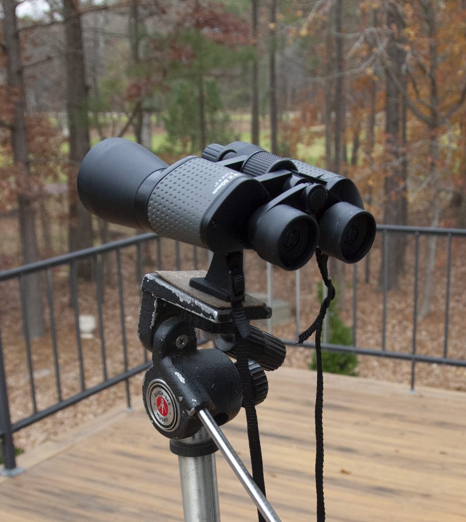 Binoculars attached to a telescope adapter for steady viewing